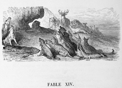 Das Begräbnis der Löwin - in „Fabeln“ von La Fontaine, ill. von Doré von Gustave Dore