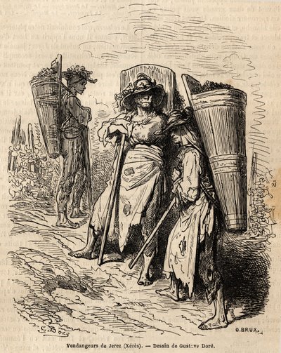 Die Pflücker von Xeres. Zeichnung von Gustave Dore (1832-1883) zur Illustration seiner Reise nach Spanien im Jahr 1862 mit Ch. Davillier. Gravur in 