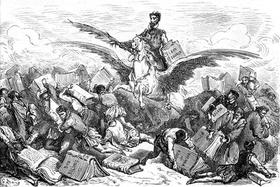 Der Schriftsteller Cervantes reitet auf einem geflügelten Pferd (Pegasus), sein Buch „Don Quijote“ und eine Feder in der Hand, fliegend über andere Schriftsteller, die (schwer!) ihre Bücher tragen. Gravur von Gustave Doré zur Illustration der Hachette-Ausg von Gustave Dore