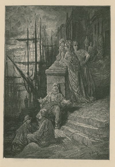 Familie eines Wasserarbeiters auf einer Treppe am Fluss Themse von Gustave Dore