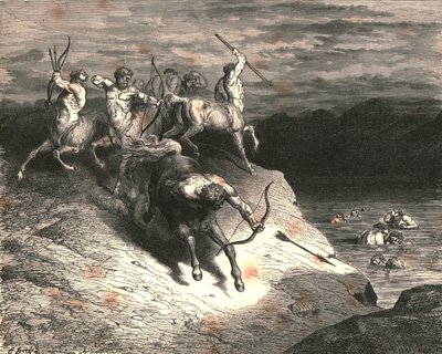 Wir näherten uns diesen Bestien, die schnell dahinschritten, als Chiron einen Pfeil hervorholte, um 1890 von Gustave Dore