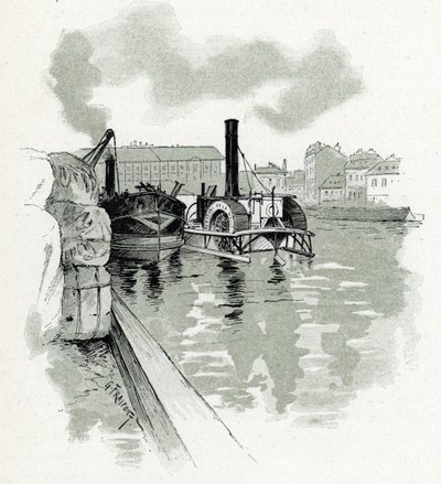 Boote im Hafen von La Villette, Paris Zeichnung von Gustave Fraipont (1849-1923) aus „La Seine à travers Paris“ von Saint-Juirs von Gustave Fraipont