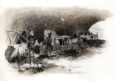 Arbeiter, die Wolle unter der Pont-Marie-Brücke in Paris kämmen Zeichnung von Gustave Fraipont (1849-1923) aus „La Seine à travers Paris“ von Saint-Juirs von Gustave Fraipont