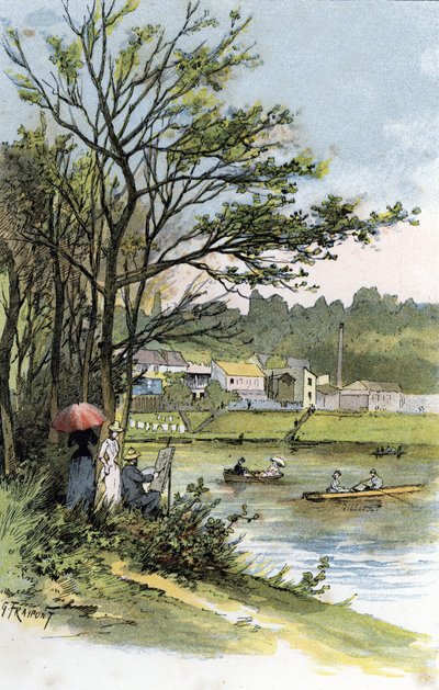 Sonntagsspaziergänger an der Seine in Bas-Meudon (Meudon-sur-Seine) Zeichnung von Gustave Fraipont (1849-1923) aus Saint-Juirs von Gustave Fraipont