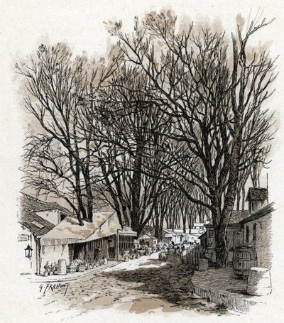 Ansicht des neuen Lagers der Rue Léopold, Bercy, Paris. Zeichnung von Gustave Fraipont (1849-1923) aus „La Seine à travers Paris“ von Saint-Juirs von Gustave Fraipont