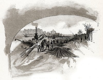 Entladung von Eisen am Quai Saint-Bernard in Paris (Eisenblöcke, die von den Dockarbeitern am Ufer der Seine am Quai Saint-Bernard in Paris entladen werden) Zeichnung von Gustave Fraipont (1849-1923) aus „La Seine à travers Paris“ von Saint-Juirs von Gustave Fraipont