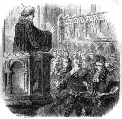 Peter I. der Große (1672-1725), russischer Zar, trägt sein Haar auf der Bürgermeisterperücke während eines Besuchs in einer niederländischen Kirche im Jahr 1716. Gravur von Gustave Janet von Gustave Janet
