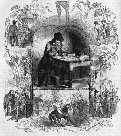 Der Dichter François Villon (1431-1463) schreibt sein Testament, umgeben von verschiedenen Episoden seines Lebens. Gravur von Gustave Janet von Gustave Janet