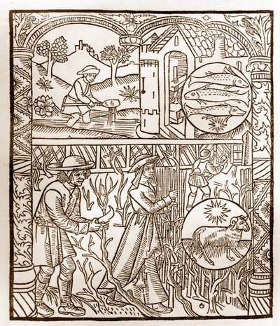 Hirtenkalender - Die Arbeiten der Monate - März - Holzschnitt aus dem Buch von 1496, gedruckt von Guy Marchant (Guido Mercator) in Troyes - Holzgravur in „Le grand Calendrier et compost des shepherds“ von Guy Marchant