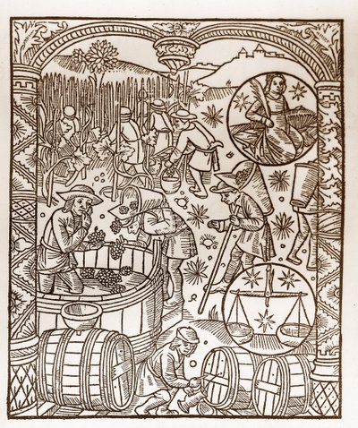 Hirtenkalender - Die Arbeiten der Monate - Oktober - Holzschnitt aus dem Buch von 1496, gedruckt von Guy Marchant (Guido Mercator) in Troyes - Holzgravur in „Le grand Calendrier et compost des shepherds“ - Die Ernte - und die Tierkreiszeichen von Guy Marchant