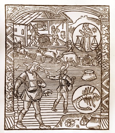 Hirtenkalender - Die Arbeiten der Monate - September - Holzschnitt aus dem Buch von 1496, gedruckt von Guy Marchant (Guido Mercator) in Troyes - Im Vordergrund säen Bauern im Flug - Holzschnitt in „Le grand Calendrier et compost des shepherds“ von Guy Marchant