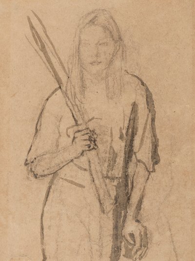 Stehendes Mädchen mit Holzpfosten in der Hand von Gwen John