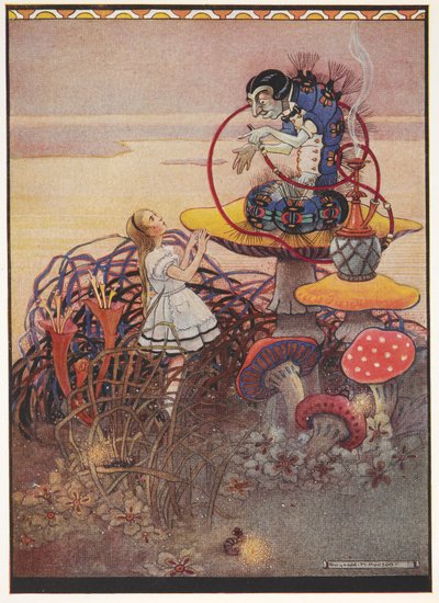 Alice spricht mit der blauen Raupe, die auf einem riesigen Pilz sitzt und eine Pfeife raucht von Gwynedd M. Hudson