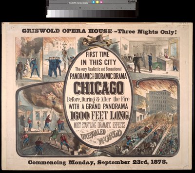 Werbung für ein Panorama- und Diorama-Drama über das Chicagoer Feuer von 1871 im Griswold Opera House von H.A. Thomas