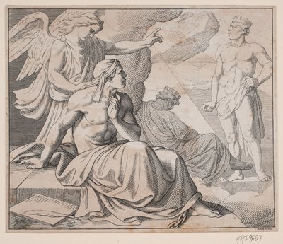 Allegorisches Blatt. Ein Engel legt die Hand auf die Schulter eines Mannes und zeigt auf eine Statue von H. C. Henneberg