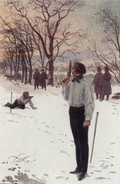 Henri, der stillsteht und sein Gesicht mit seiner Pistole bedeckt, wartet von H. Delaspre