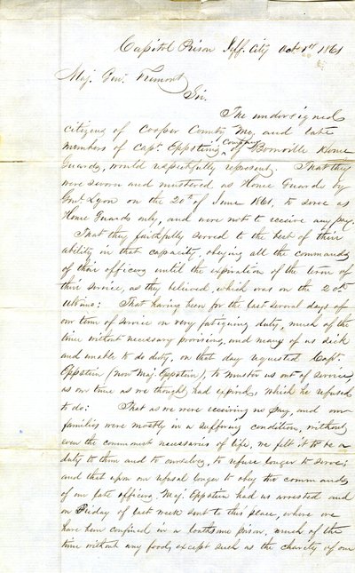 Appell von Mitgliedern der Kompanie von Captain Eppstein, Boonville Home Guards, Capitol Prison, Jefferson City, an Generalmajor Fremont, 1. Oktober 1861 von H. L. Hoefer