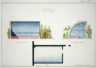 Entwurf für ein Gewächshaus mit gebogenen Glaswänden und -dach, aus einem Folio mit Originalzeichnungen im klassischen und frühen Belle-Epoque-Stil, ca. 1870 von H. Monnot