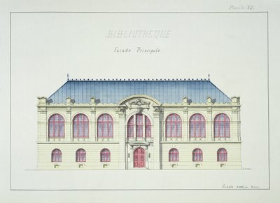 Hauptfassade einer Bibliothek, Tafel XII aus einem Folio von Entwürfen, ca. 1870 von H. Monnot