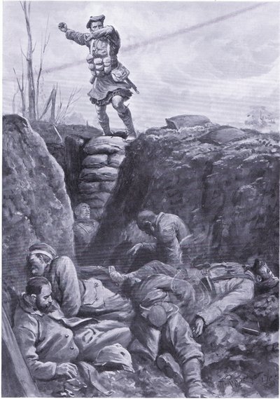 Private Brown (Gordon Highlander) bombardiert den Feind in einem deutschen Graben von oben einer Barrikade von H. Ripperger