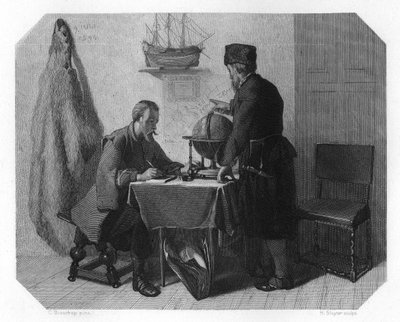 Willem Barents und Jacob van Heemskerk kartieren ihre Route, 1596 um 1870 von H. Sluyter