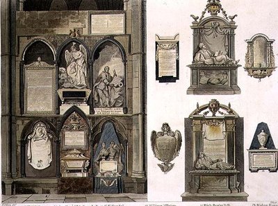 Westseite der Poets Corner, Platte 25 aus Westminster Abbey, graviert von J. Bluck (fl.1791-1831) veröffentlicht von Rudolph Ackermann (1764-1834) 1811 von H. after Villiers