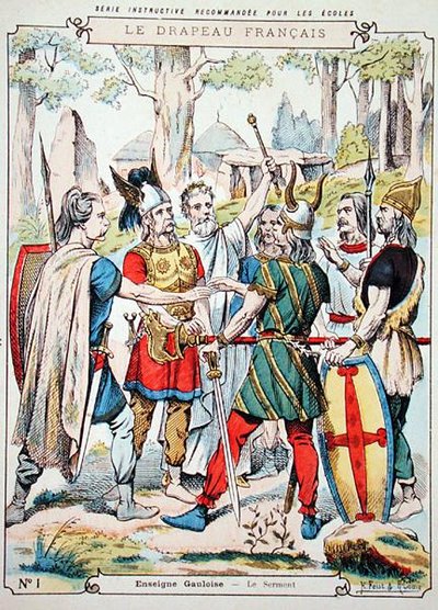 Gallische Krieger schwören einen Eid, von einem Schutzumschlag für Schulbücher, Ende des 19. Jahrhunderts von H. and Louis R. Feist