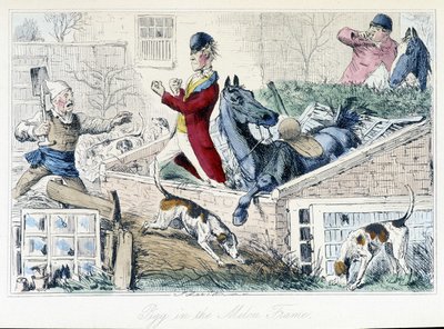 Kampf zwischen einem Bauern und einem Jäger. Englische Karikatur über die Fuchsjagd aus den „Abenteuern von Thomas Scott oder Hawbuck Grange“, Illustration von H.K. Browne und W.T. Maud. von Hablot Knight Browne