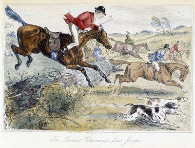 Jagdszene, englische Karikatur auf die Fuchsjagd, aus den „Abenteuern von Thomas Scott oder Hawbuck Grange“, Illustration von H.K. Browne und W.T. Maud. von Hablot Knight Browne