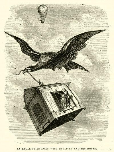 Ein Adler fliegt mit Gulliver und seinem Haus davon (Gravur) von after Hablot Knight Browne