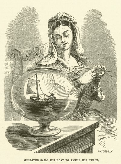 Gulliver segelt mit seinem Boot, um seine Krankenschwester zu amüsieren (Gravur) von after Hablot Knight Browne