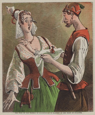 Die Frau des Bauern von Brobdingnag ist beim Anblick von Gulliver erschrocken (Farblithographie) von after Hablot Knight Browne