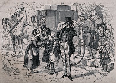 Eine junge Frau kümmert sich um einen kranken Mann, während Leute aus dem Haus in die Kutsche steigen. Holzstich von Gray nach H.K. Browne. von Hablot Knight Browne