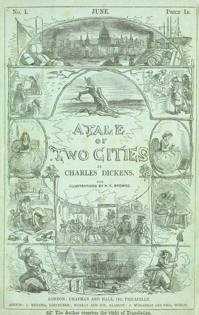 Titelseite aus dem ersten Teil der ersten Ausgabe in Serienform des Buches "Eine Geschichte aus zwei Städten" von Charles Dickens, 1859 von Hablot Knight Browne