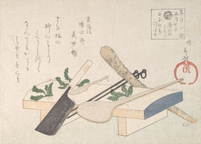 Küchengeräte mit Grünzeug für die Zeremonie am 7. Januar, 19. Jahrhundert von Hachifusa Shuri