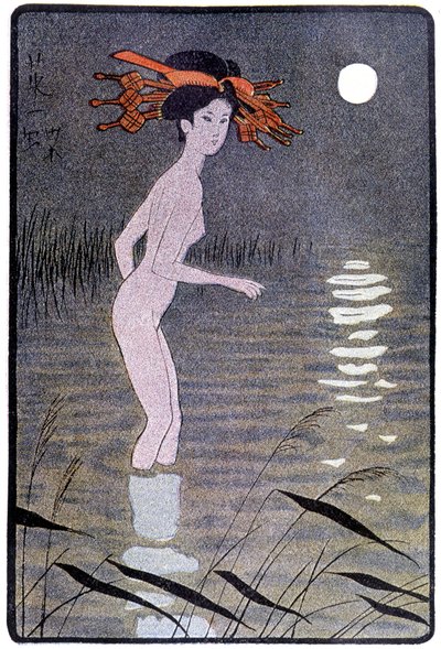 Junge Japanerin badet im Mondlicht in einem Teich - in „Japanische Puppe“ von Félicien Champsaur, ill. Hanafusa Itcho, Paris von Hanabusa Itcho