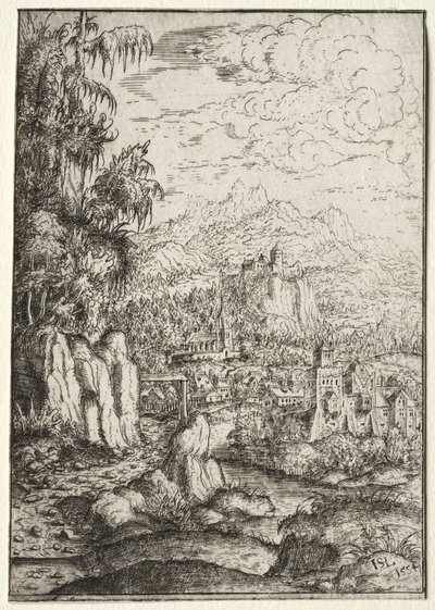 Landschaft mit einer Straße zu einer Burg auf einer Insel in einem Fluss von Hanns Lautensack