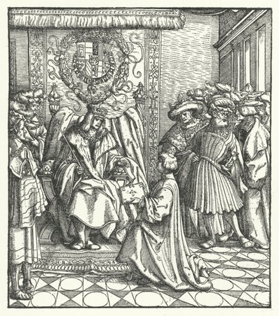 Widmung eines Buches an den Heiligen Römischen Kaiser Maximilian I. (Gravur) von Hans (after) Burgkmair