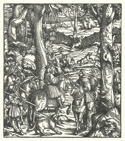 Maximilian I., König der Römer, erhält eine Nachricht während der Jagd von Hans (after) Burgkmair