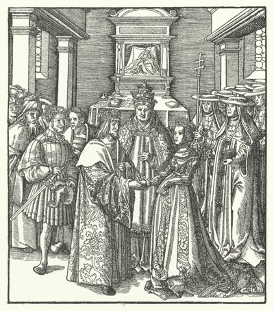 Papst Nikolaus V. leitet die Hochzeit des Heiligen Römischen Kaisers Friedrich III. und Eleonore von Portugal in Rom von Hans (after) Burgkmair