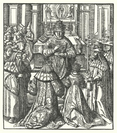 Der Heilige Römische Kaiser Friedrich III. und die Kaiserin Eleonore empfangen die Heilige Kommunion vom Papst von Hans (after) Burgkmair