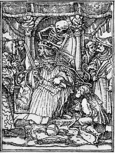 Die Simulakren des Todes von Hans Holbein dem Jüngeren (1497-1543): der Kaiser. Während der Tod dem Kaiser die Krone nimmt, bittet ihn ein Bauer um Gerechtigkeit. Gravur. von Hans (after) Holbein the Younger
