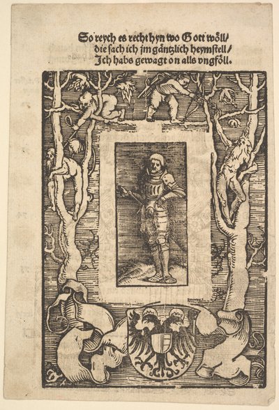 Titelrahmen mit Mann in Rüstung in der Mitte, 1513 von Hans Baldung