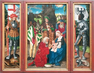 Dreikönigsaltar
Links: Heiliger Georg
Mitte: Die Anbetung der Könige
Rechts: Heiliger Mauritius von Hans Baldung Grien