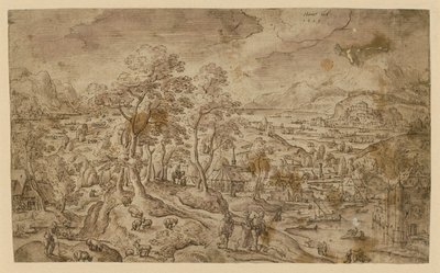 Christus auf dem Weg nach Emmaus in weiter Landschaft von Hans Bol