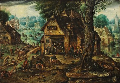 Dorfansicht mit zahlreichem Volk von Hans Bol