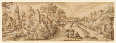 Ansicht von Delfgauw, mit Abraham und den drei Engeln von Hans Bol