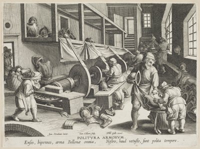 Politura Armorum (Waffenpolitur), Platte 17 aus der Serie Nova Reperta (Moderne Entdeckungen), ca. 1588 von Hans Collaert