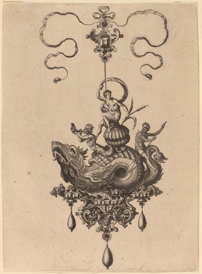 Entwurf für ein Anhänger mit Meeresungeheuer, das eine Frau auf einer Muschel trägt, flankiert von einem Triton und einem Mann mit einem Ruder von Hans Collaert the Elder