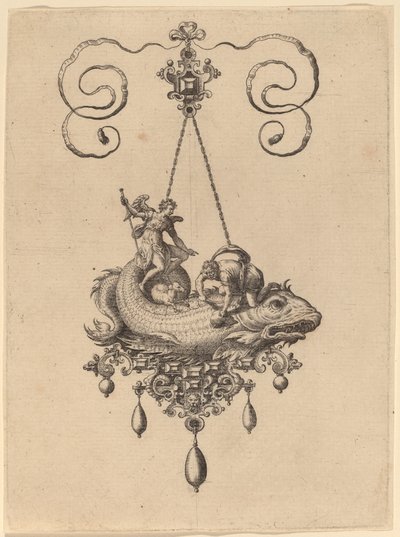 Entwurf für ein Anhänger mit einem Fisch, der Tobias und den Engel trägt von Hans Collaert the Elder
